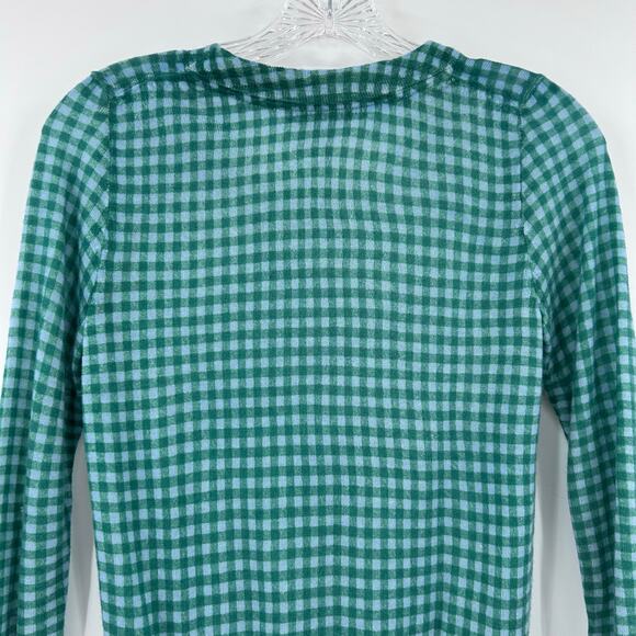 J Crew Merino Wool Gingham Sweater Green Blue Check Crewneck Flaw Womens Sz XS - Picture 10 of 12